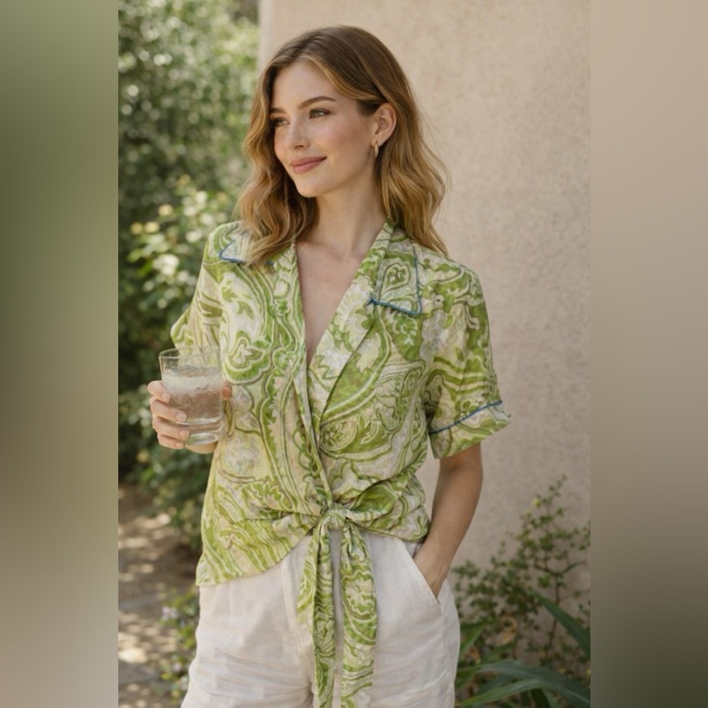 Authentic Etro 100% Silk Green Paisley Wrap Blouse